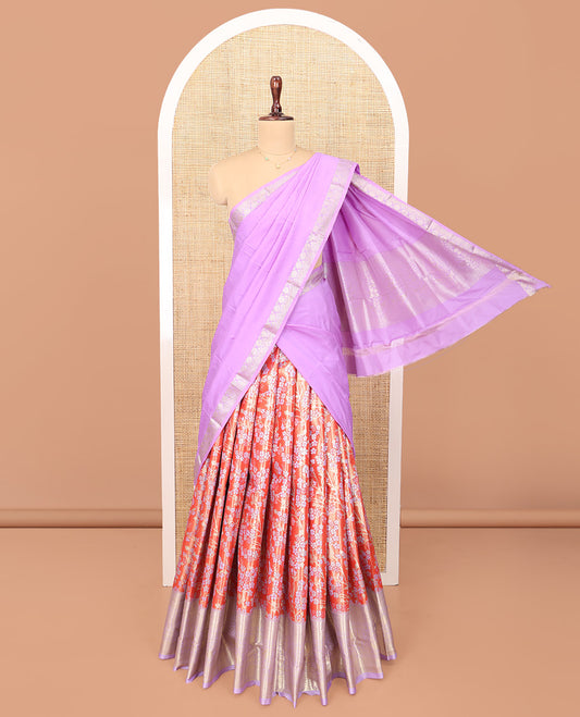 Orange Art Silk Material Half Saree Set, Accentuated with Floral Jacquard Design Skirt, a Contrast Traditional Zari Design Border, Contrast Zari-Jacquard Blouse, and a Dhavani of Paisley Designs