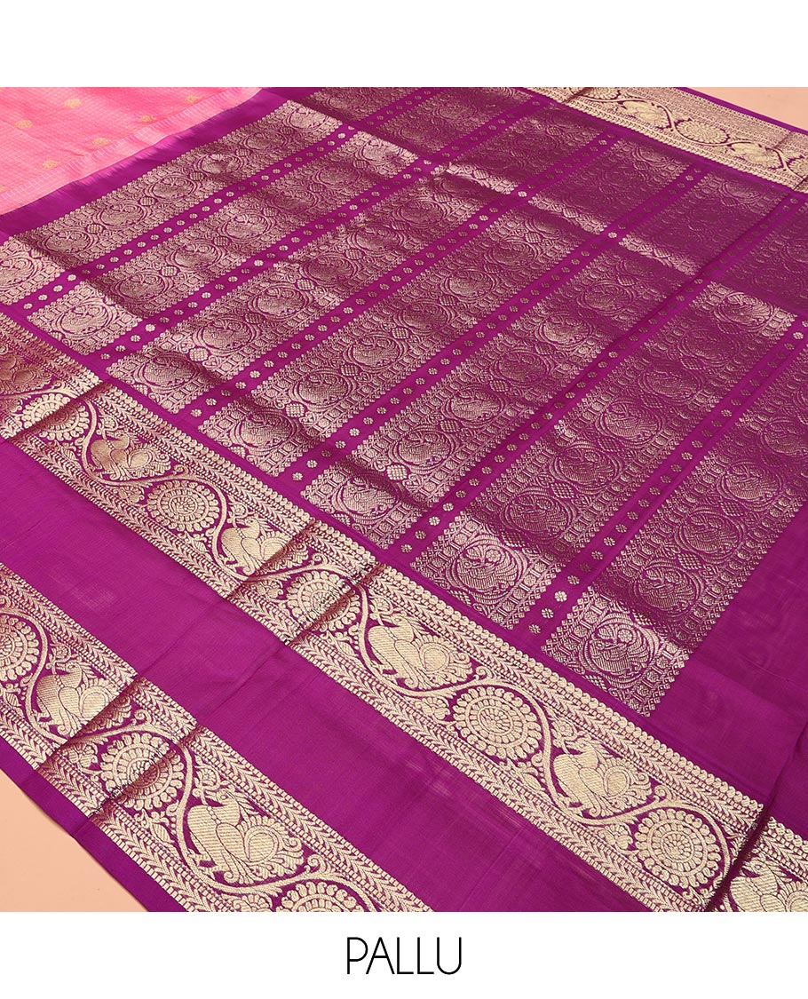 Pink Zari Buttas-Checks Venkatagiri Silk Saree, Contrast Traditional Border, Peacock Pallu, Contrast Blouse