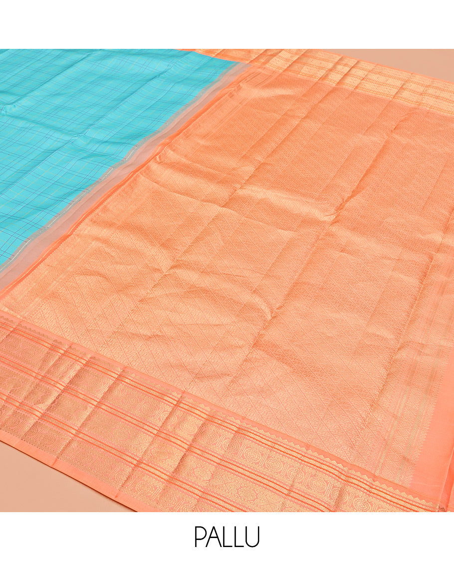 Blue Vasundhara Silk Saree, Woven with Checks, Contrast Border of Rekku, Chakram, and Jada Nagam Designs, Grand Pallu, and a Contrast Blouse