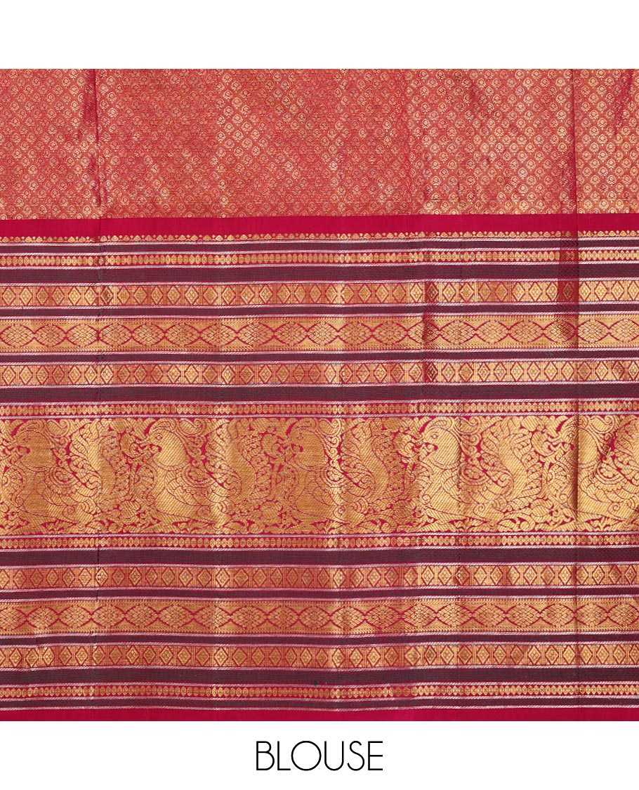 Gold striped silk half saree with contrast border of rekku, banaras, muthu, poo chakram, mayil design, zari design blouse & floral design dhavani