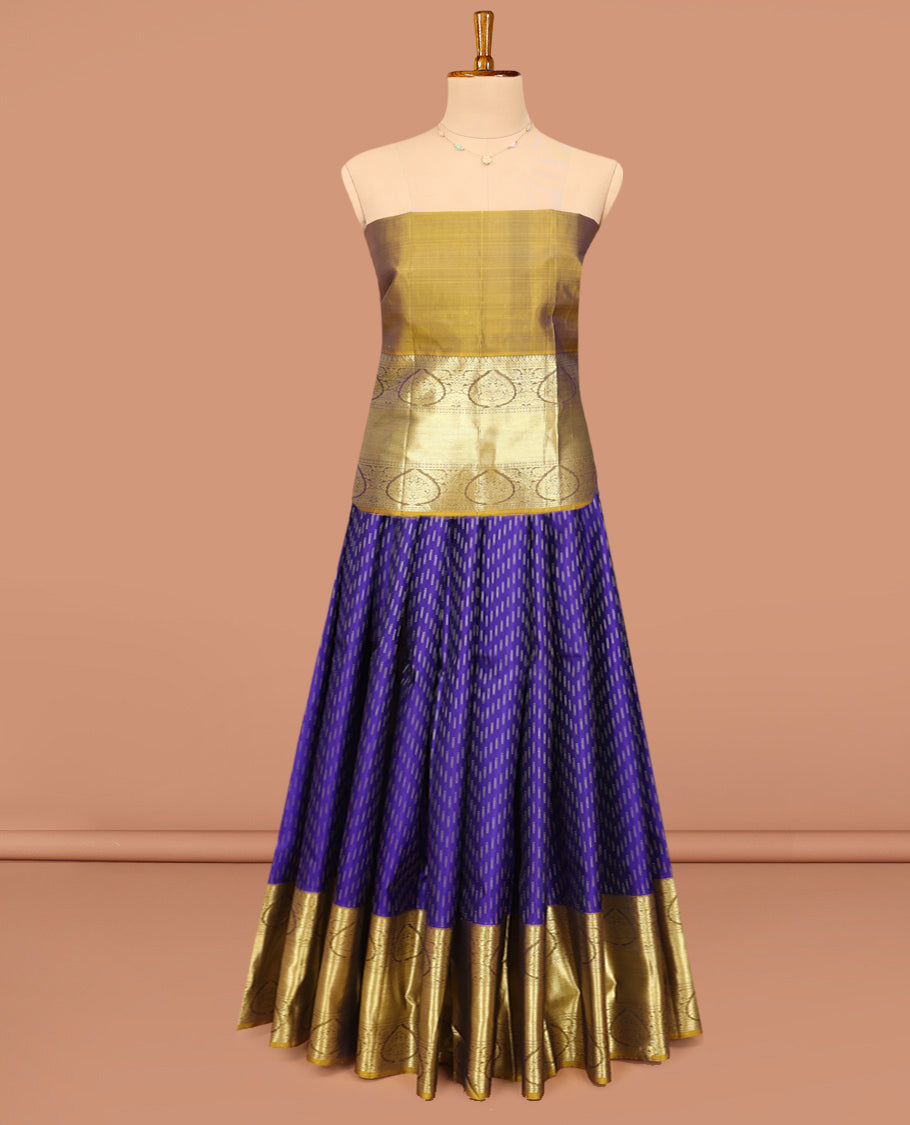 Violet Pure Silk Half-Saree, Finely Crafted with Zari Buttas on Its Skirt, Complemented by a Contrast Border Featuring Traditional Zari Designs, Comes with a Contrast Blouse and a Dhavani of Mayil-Chakram Enclosed Checks