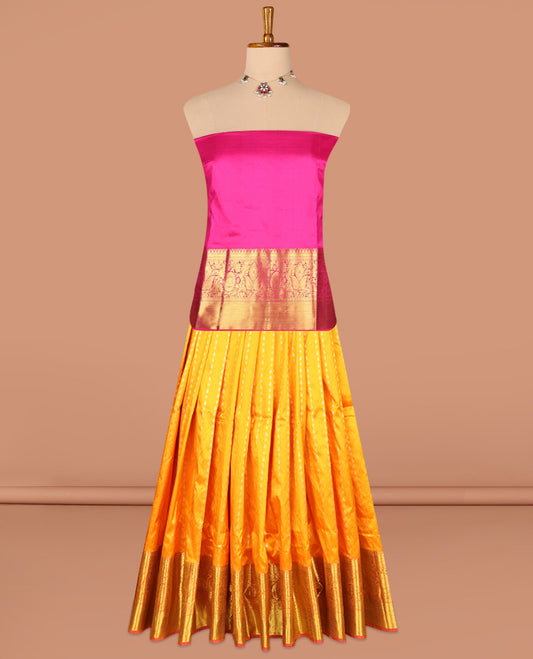 Yellow Pure Silk Pavadai Material, Gleamed Up with Zari Buttas on Its Skirt, a Contrast Traditional Zari Border, and a Contrast Blouse