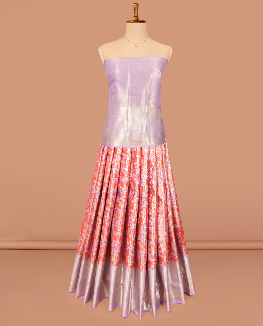 Orange Art Silk Material Half Saree Set, Accentuated with Floral Jacquard Design Skirt, a Contrast Traditional Zari Design Border, Contrast Zari-Jacquard Blouse, and a Dhavani of Paisley Designs