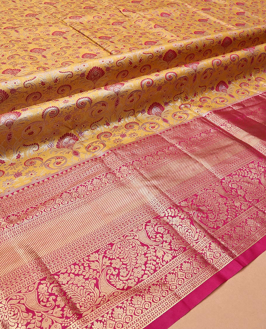 Yellow Art Silk Half-Saree, Embellished with Jacquard Design, Contrast Traditional Zari Border, Paired with a Contrast Jacquard Blouse, and an Intricate Dhavani