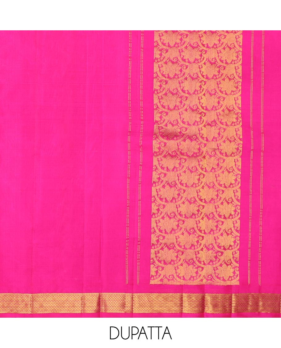 Gold striped silk half saree with contrast border of rekku, banaras, muthu, poo chakram, mayil design, zari design blouse & floral design dhavani