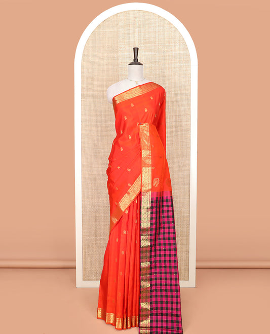 Orange Gadwal Saree Accentuated with Zari Buttas, Traditional Zari Design Border, Pallu Complemented with Multi-Coloured Checks, and a Contrast Blouse