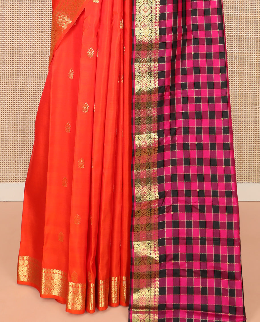 Orange Gadwal Saree Accentuated with Zari Buttas, Traditional Zari Design Border, Pallu Complemented with Multi-Coloured Checks, and a Contrast Blouse
