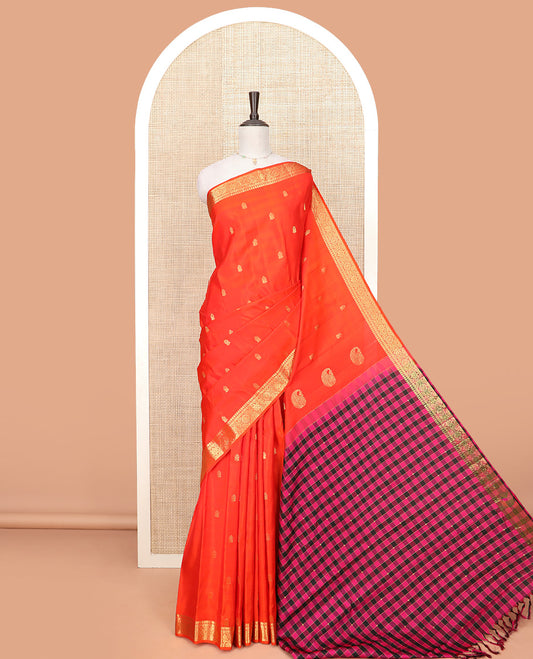 Orange Gadwal Saree Accentuated with Zari Buttas, Traditional Zari Design Border, Pallu Complemented with Multi-Coloured Checks, and a Contrast Blouse
