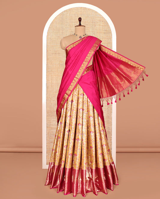 Yellow Art Silk Half-Saree, Embellished with Jacquard Design, Contrast Traditional Zari Border, Paired with a Contrast Jacquard Blouse, and an Intricate Dhavani