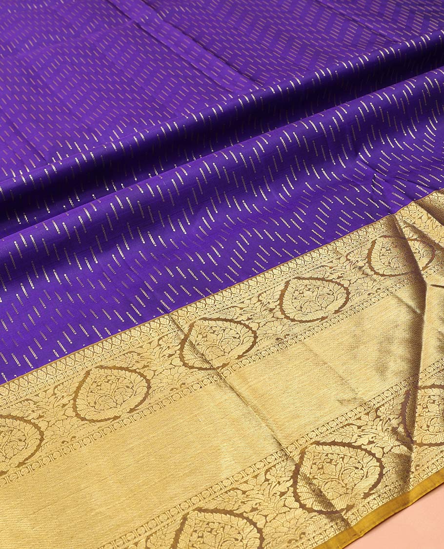 Violet Pure Silk Half-Saree, Finely Crafted with Zari Buttas on Its Skirt, Complemented by a Contrast Border Featuring Traditional Zari Designs, Comes with a Contrast Blouse and a Dhavani of Mayil-Chakram Enclosed Checks