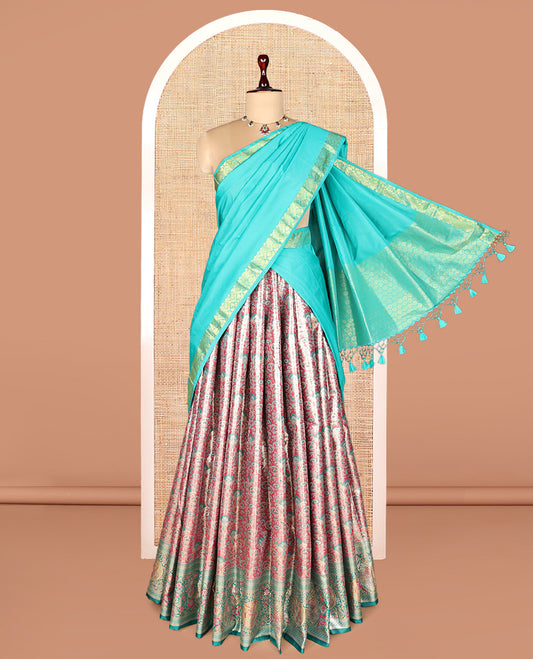 Red Art Silk Half-Saree, Elevated with Jacquard Design, Contrast Intricate Zari Border, Paired with a Contrast Jacquard Blouse, and an Intricate Dhavani
