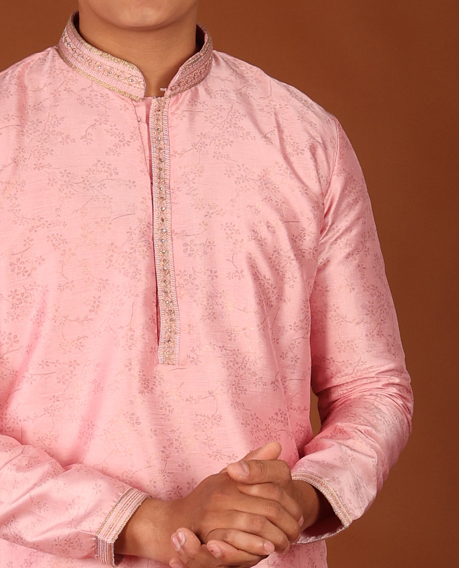 Pink Floral Motifs Sparsely Print with Neck Embroidery Full-Sleeved Men's Kurta, Comes with Pants