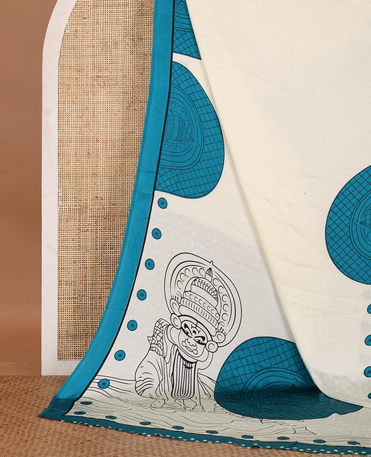 Cream printed semi-modal silk saree,  contrast blue border of kathakali motif enclosed semi-circle, kathakali printed pallu & printed blouse