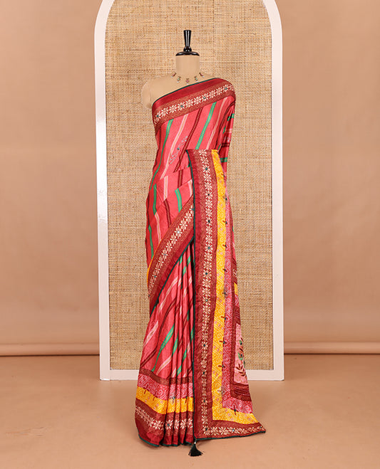 Pink leheriya striped printed, mirror and stone work moss chiffon saree, contrast bandhani printed mirror work border, floral print, mirror and stone work pallu with a contrast plain blouse