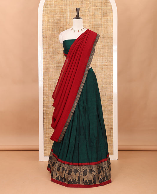 Green with maroon mercedised cotton half-saree, contrast elephant zari border skirt, matching blouse & one side border georgette dhavani