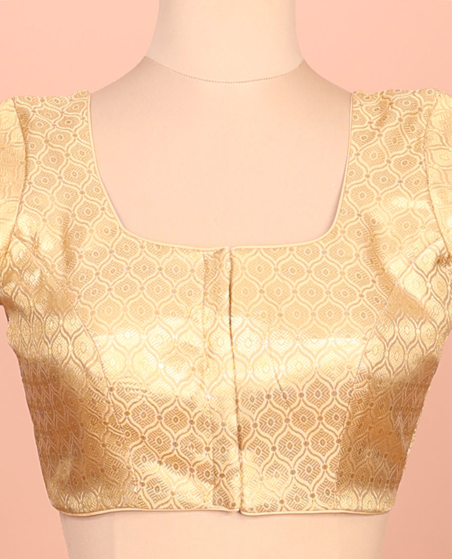 Gold ogee patterned front-back round neck elbow-sleeve readymade blouse