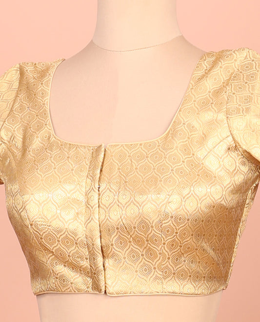 Gold ogee patterned front-back round neck elbow-sleeve readymade blouse