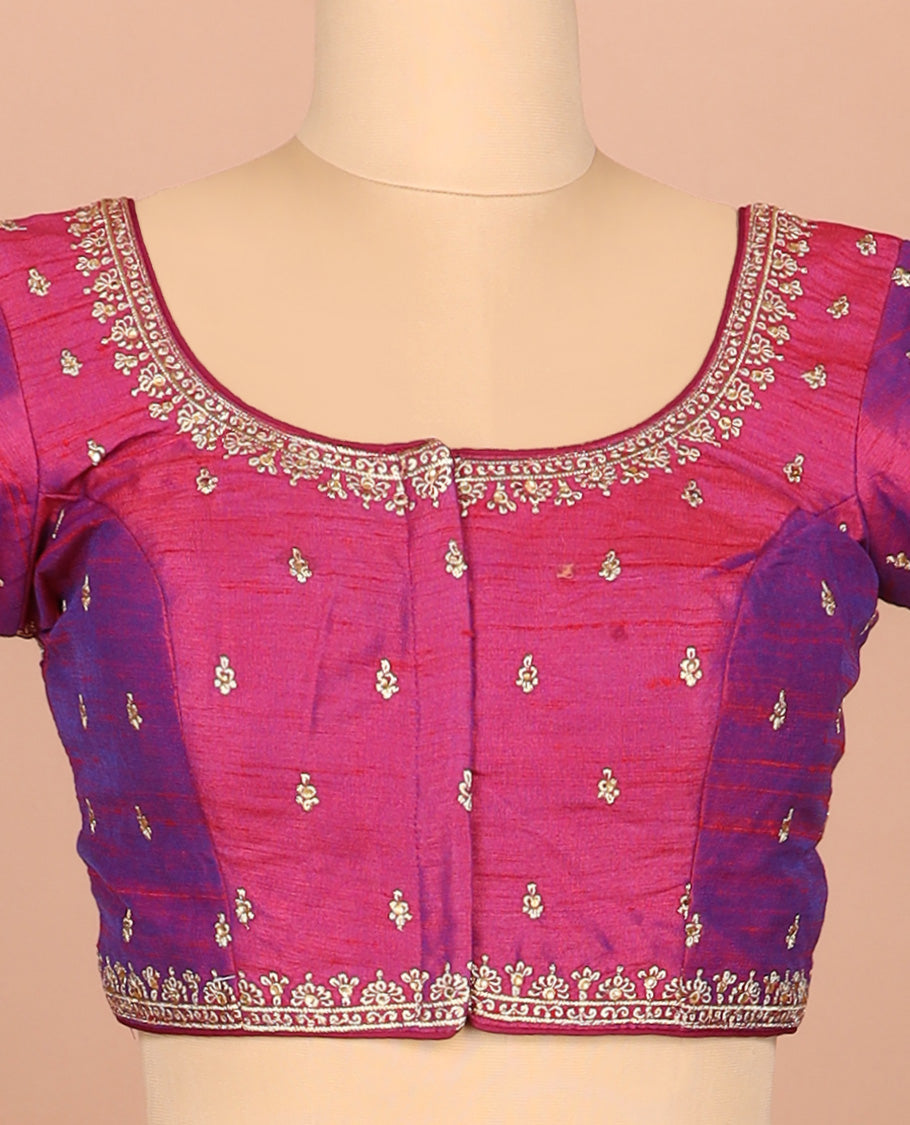 Purple thread embroidered front-and-back round elbow-sleeve readymade blouse