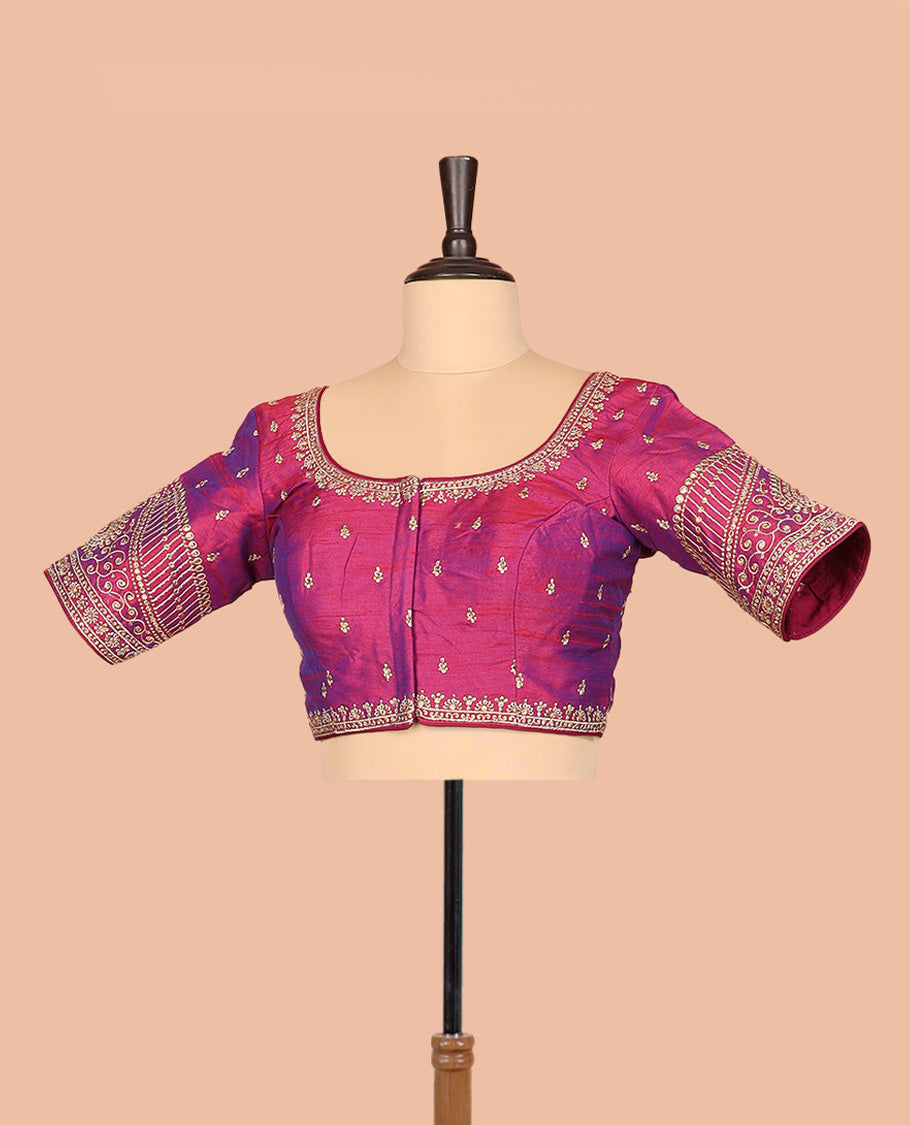 Purple thread embroidered front-and-back round elbow-sleeve readymade blouse