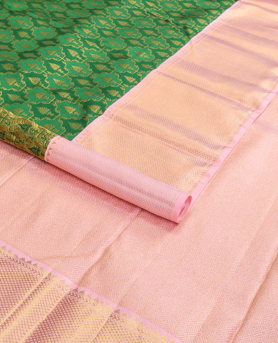 Green jacquard samudrika silk saree with contrast checked design border & intricate zari design pallu