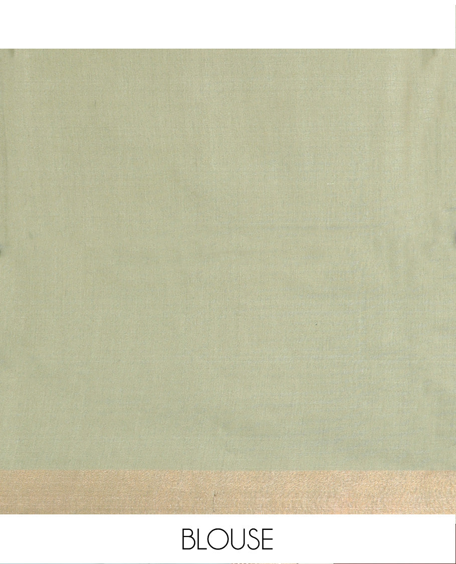 Green ogee patterned tussar silk saree, contrast bavanji border, and double-color plain pallu