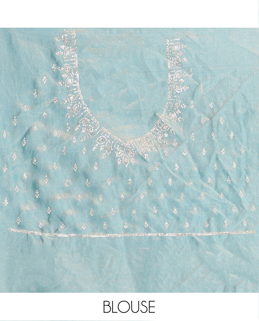 Blue Designer Saree, Prettified with Floral Vine Stone Embroidered All Over Its Body, and Paired with a Matching Blouse