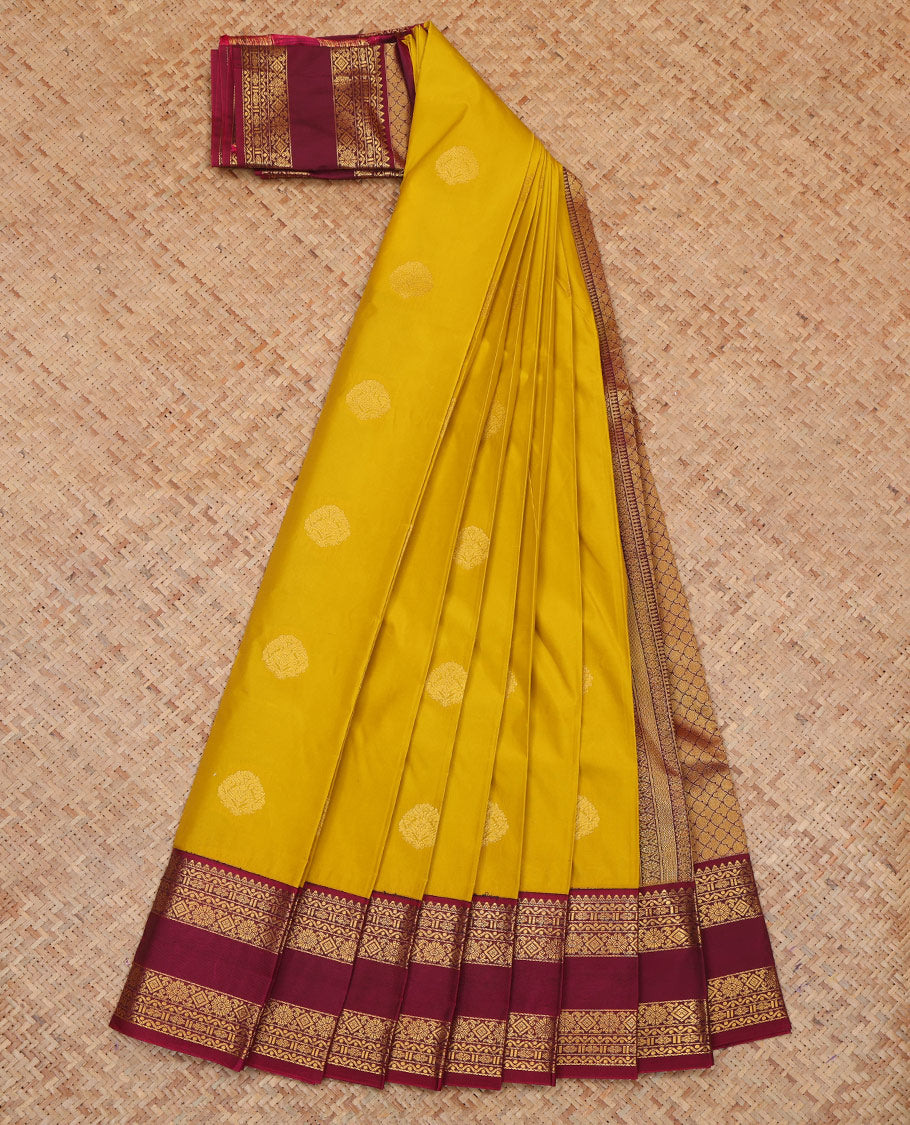 Lemon Yellow-Purple Zari Buttas Budget Silk Saree, a Contrast Traditional Rettai Pettu Border, Grand Pallu, a Contrast Blouse