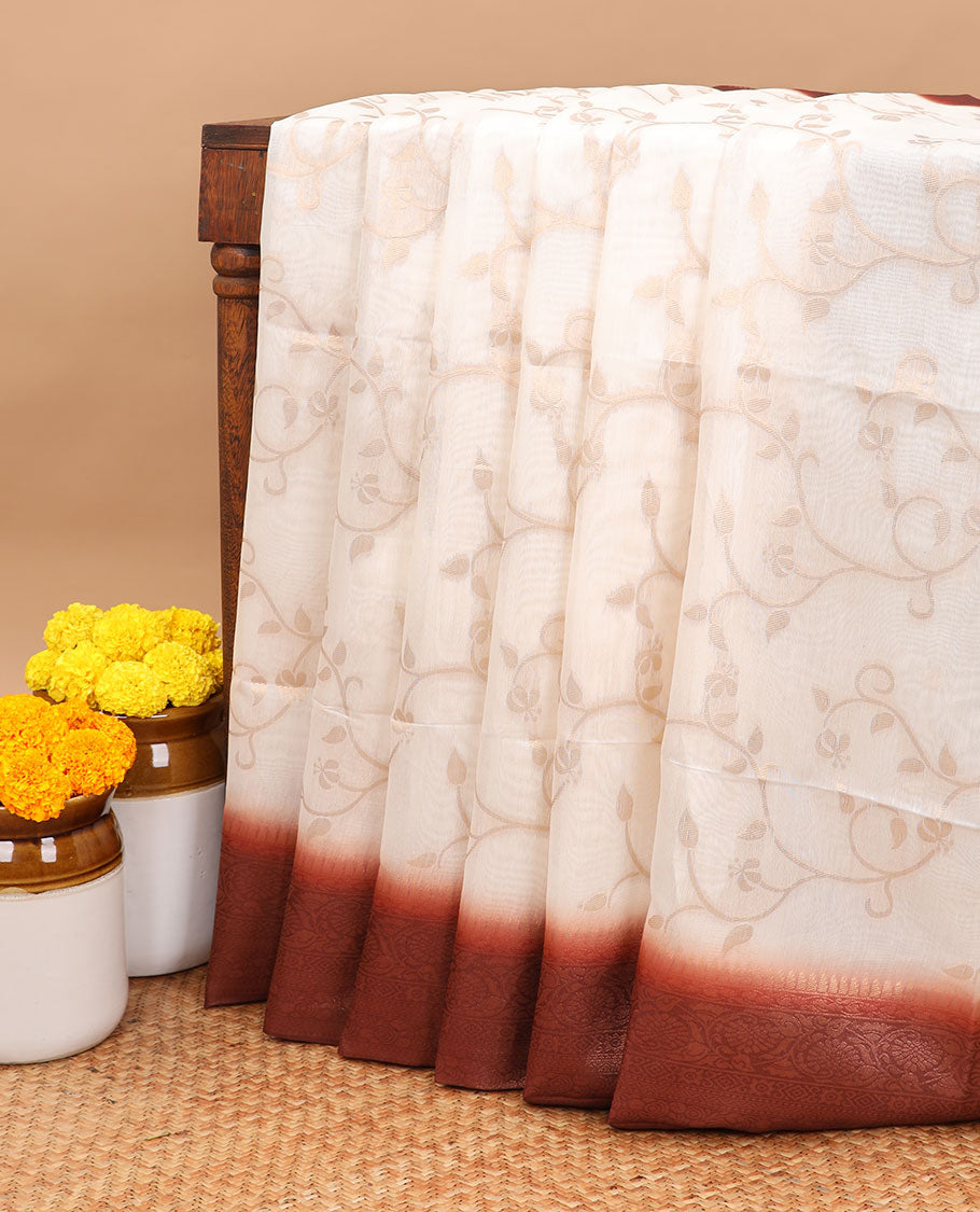 Borderless off white zari weaving khadhi cotton saree with contrast brown weaving pallu