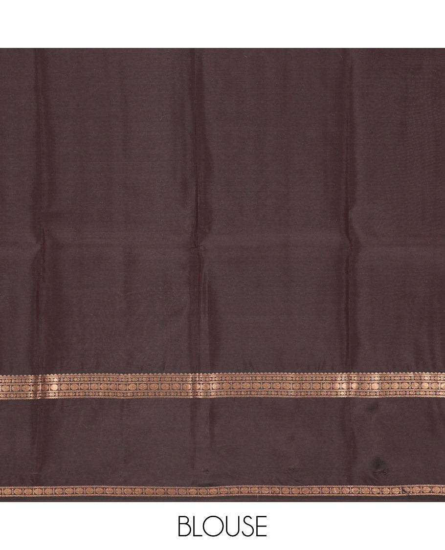 Maroon Poun Buttas Vasundhara Silk Saree, Contrast Rettai Pettu Border of Rekku, Neli, and Rudraksham Designs, and Zari-Rich Intricate Pallu