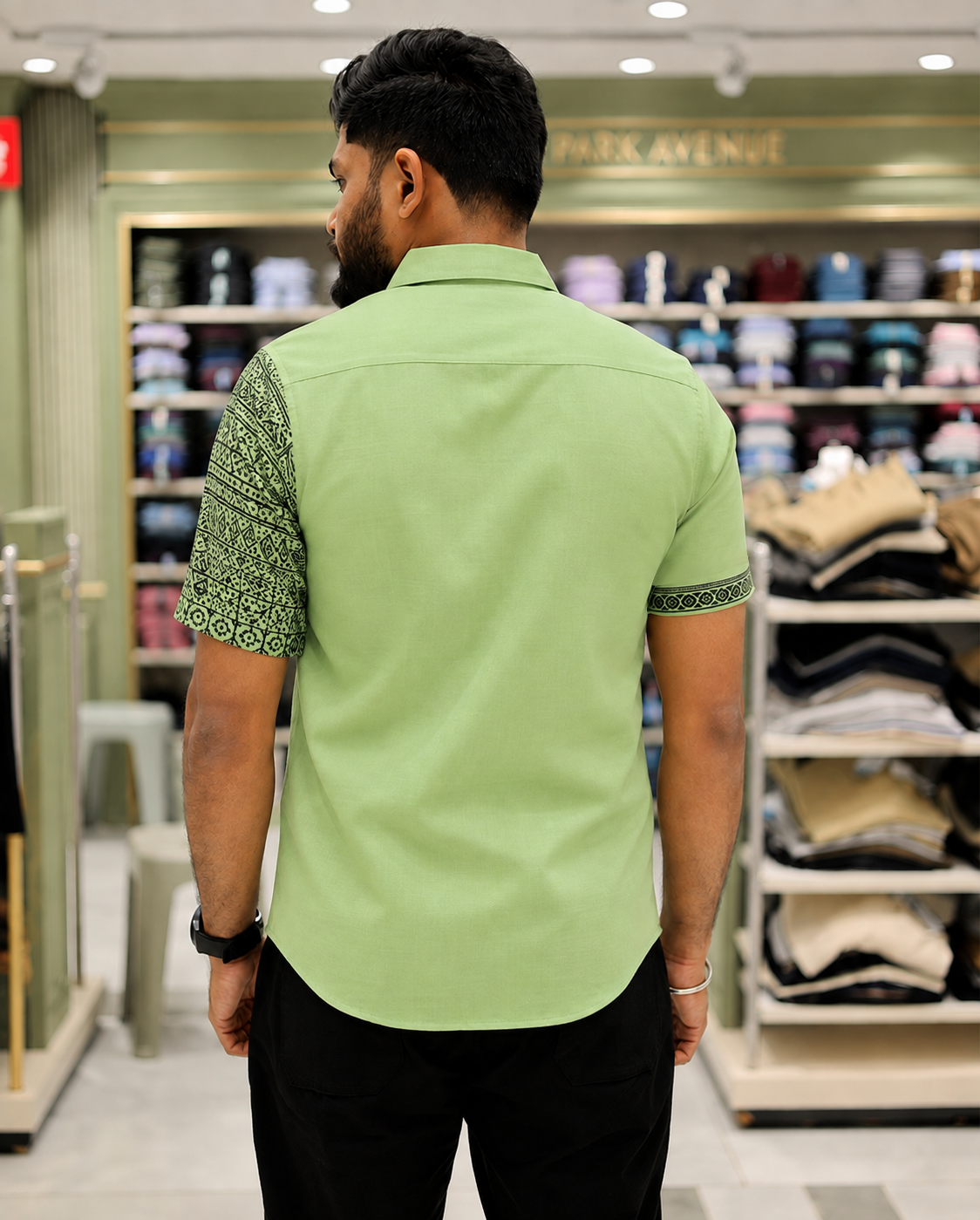 Green Cotton-Blended Casual Shirt Features Onam-Themed Print, Half-Sleeves, a Spread Collar, a Regular Fit, and a Regular Length