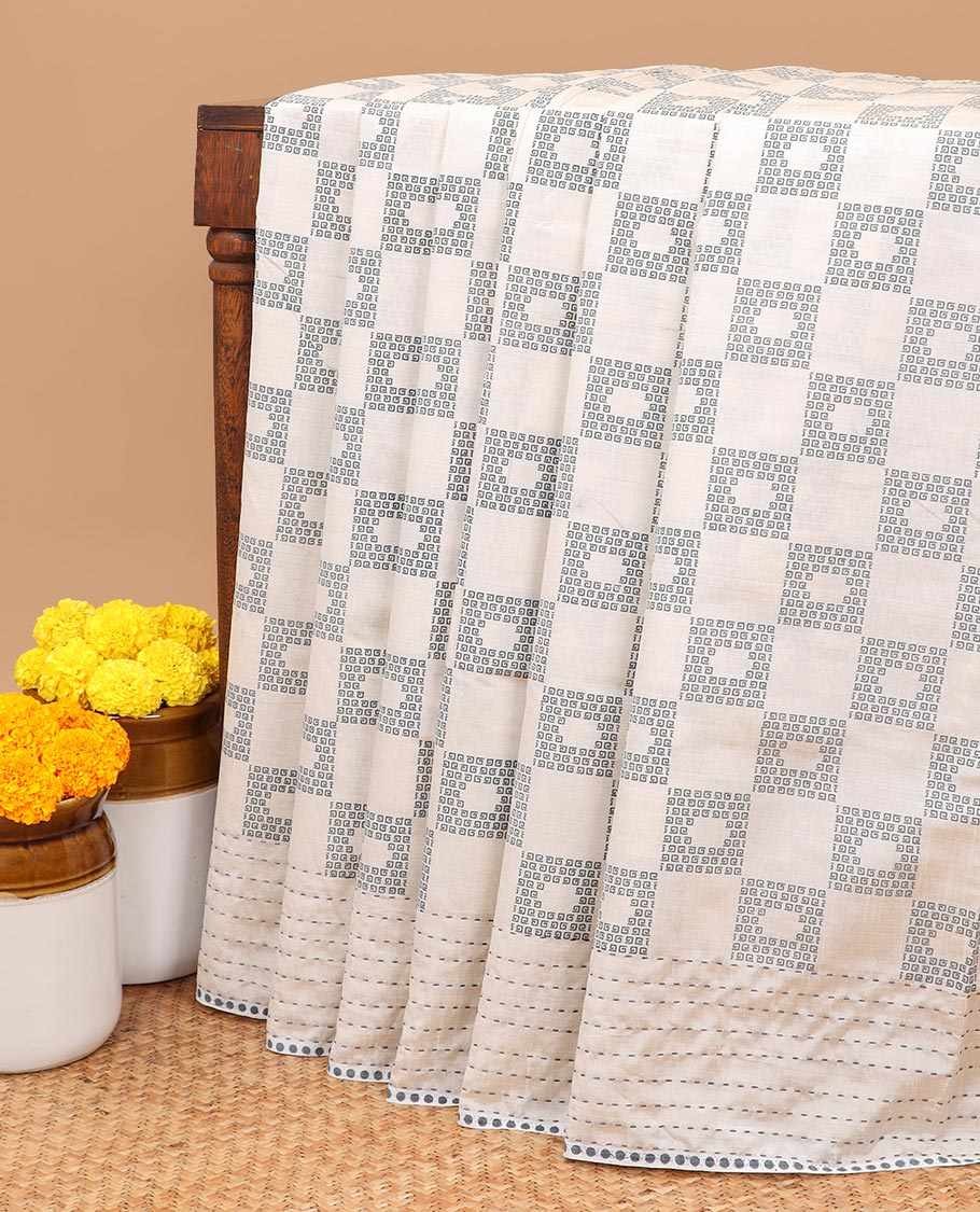 White digital block print semi-tussar saree with self double side kantha stitching border & embroidery pathik pallu