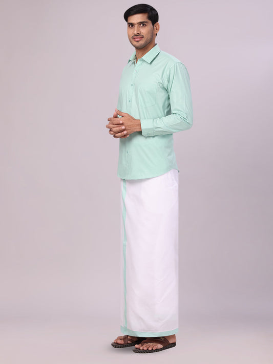 Men's Sea Green Color Shirt with Matching Border Dhoti Combo Casper side pose