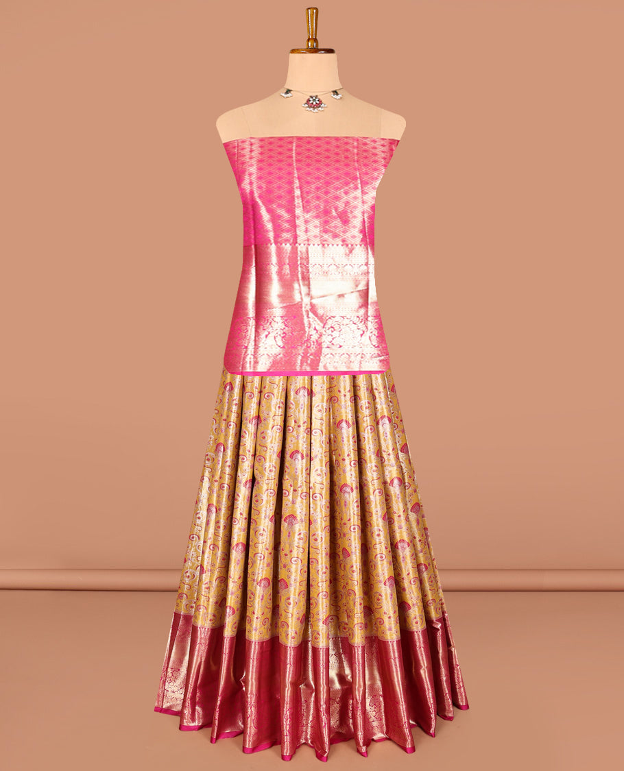 Yellow Art Silk Half-Saree, Embellished with Jacquard Design, Contrast Traditional Zari Border, Paired with a Contrast Jacquard Blouse, and an Intricate Dhavani