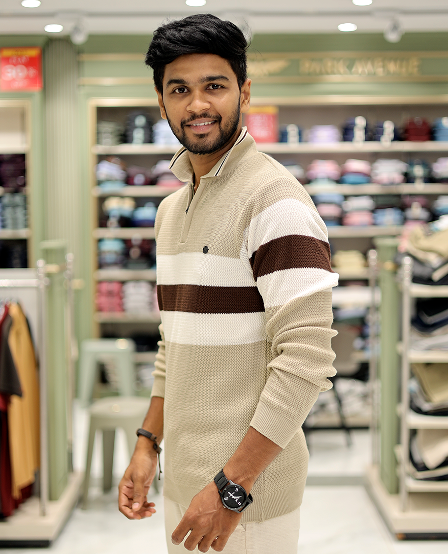 Cream Cotton-Blended T-Shirt Features Strip Blocks, Full-Sleeves, a Polo Neck, a Slim Fit, and a Regular Length