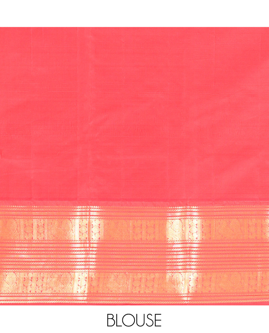 Lemon Yellow and Red Vasundhara Lite Silk Saree, Richly Detailed with Zari Checked Design On Its Body, Complemented by Contrast Varisai Pettu Border of Mayil Chakram Designs, Grand Jaal Pallu, and Paired with a Contrast Blouse