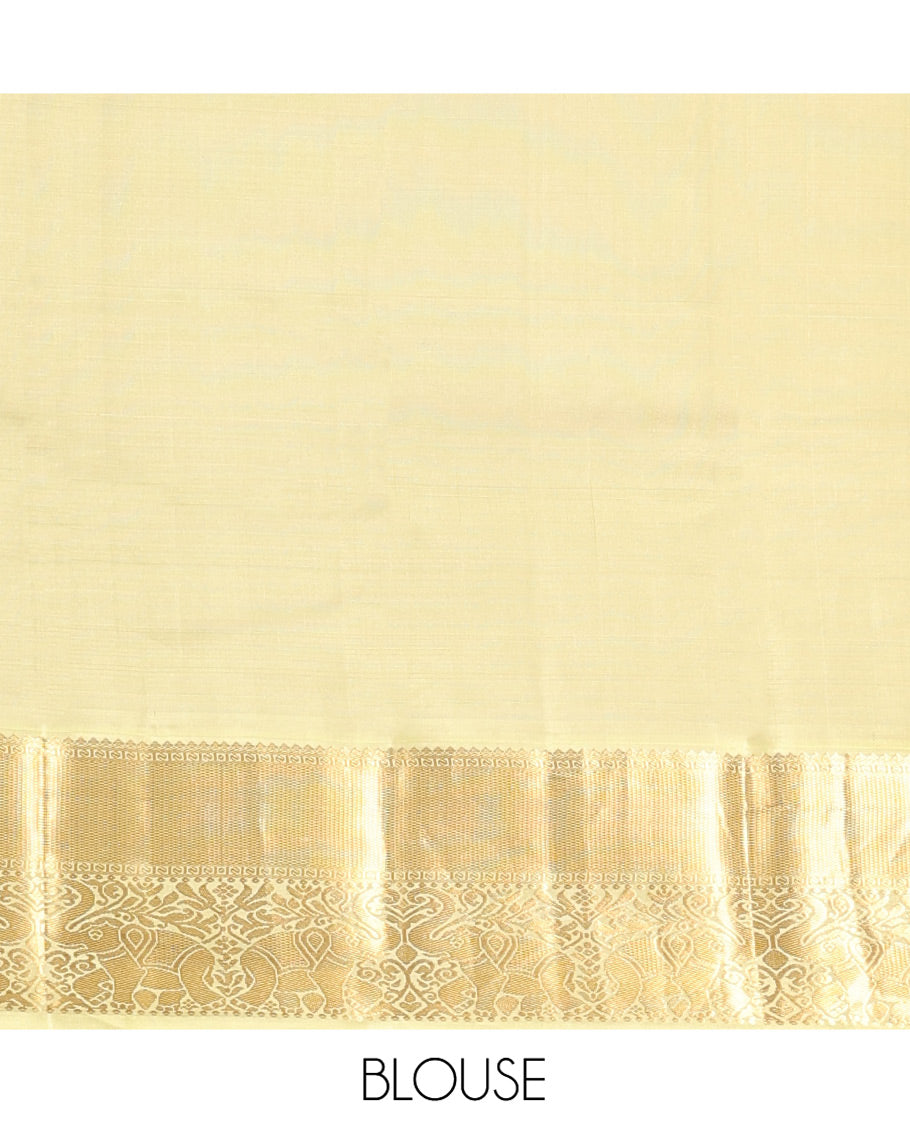 Green Vasundhara Silk Saree, Enriched with Zari Butta Enclosed Checked All Over Its Body, Complemented by a Contrast Border of Yaanai Designs, Intricately Designed Pallu, and Paired with a Contrast Blouse
