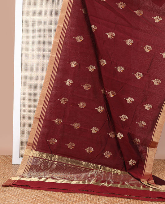 Maroon floral motifs chanderi cotton saree with self zari design border & striped pallu