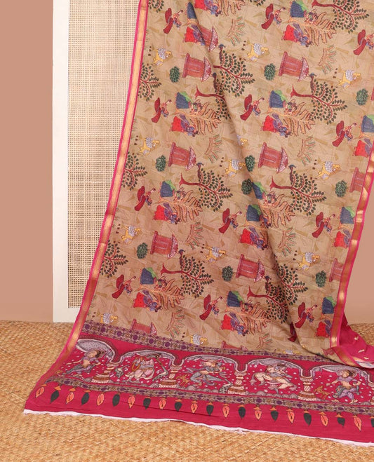 Pale brown forest theme, human figures design machine printed soft cotton with contrast zari border & human figures pallu