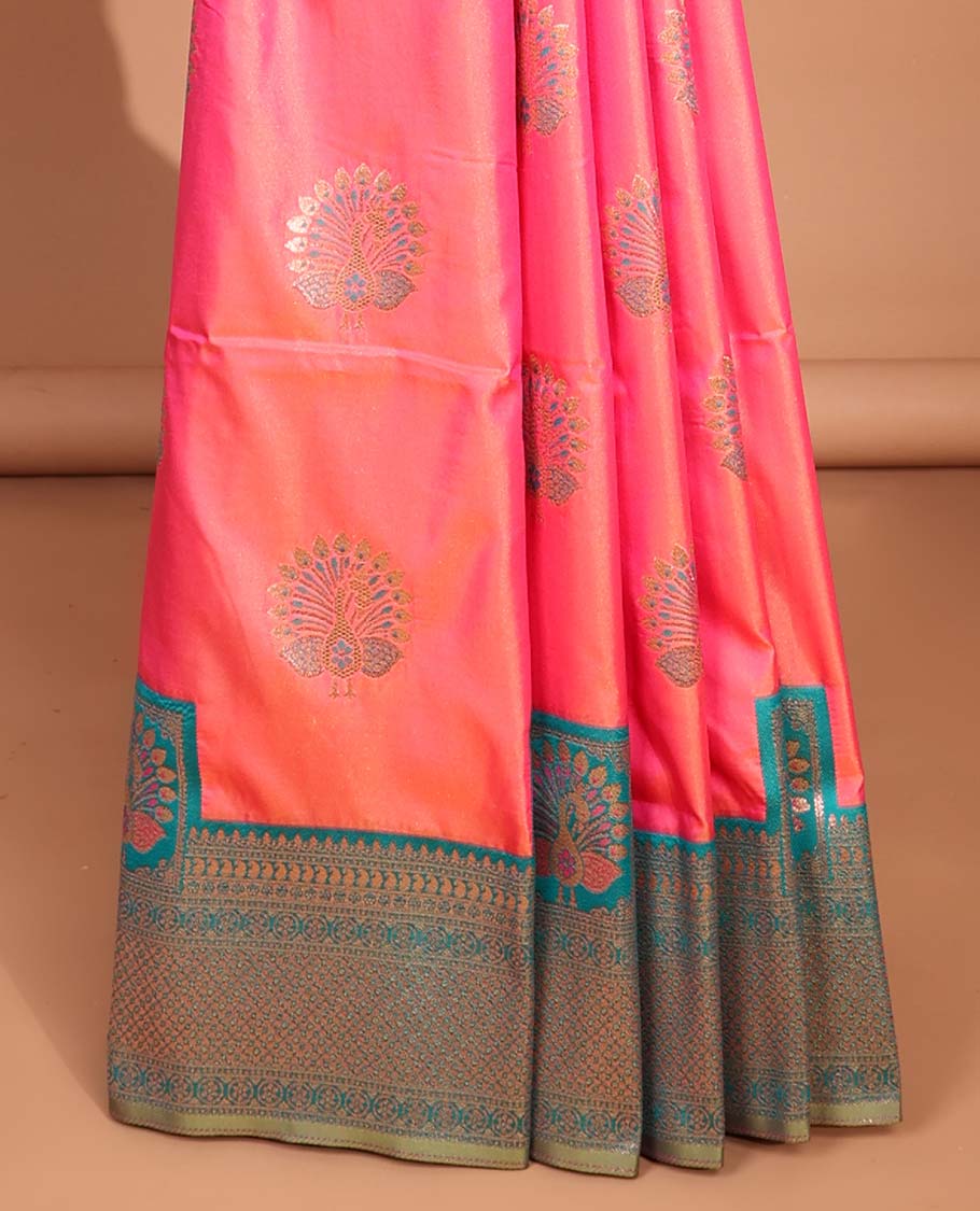 Pink peacock buttas malbari soft silk saree with contrast rich zari border & jacquard design pallu