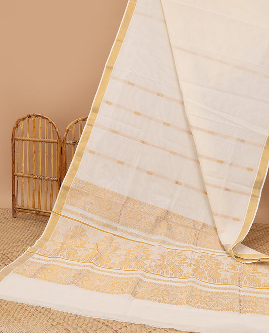 Cream kerala saree with zari stripes, zari border & pallu of floral & paisley designs