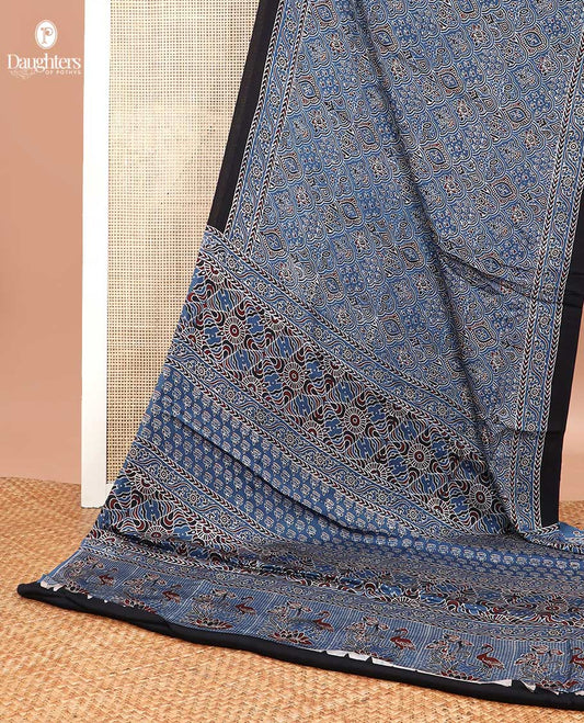 Blue floral design modal silk saree with contrast border & floral design pallu