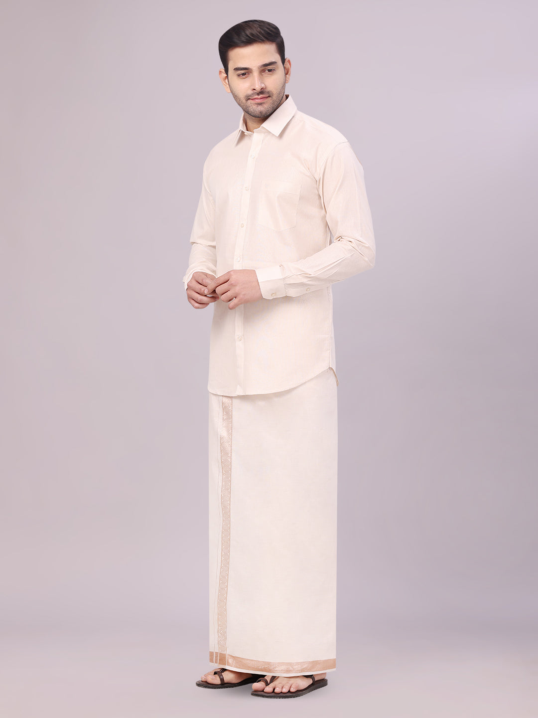 Mens Tissue Light Copper Shirt with Jacquard Fancy Border Flexi Dhoti Wedding Combo Nios