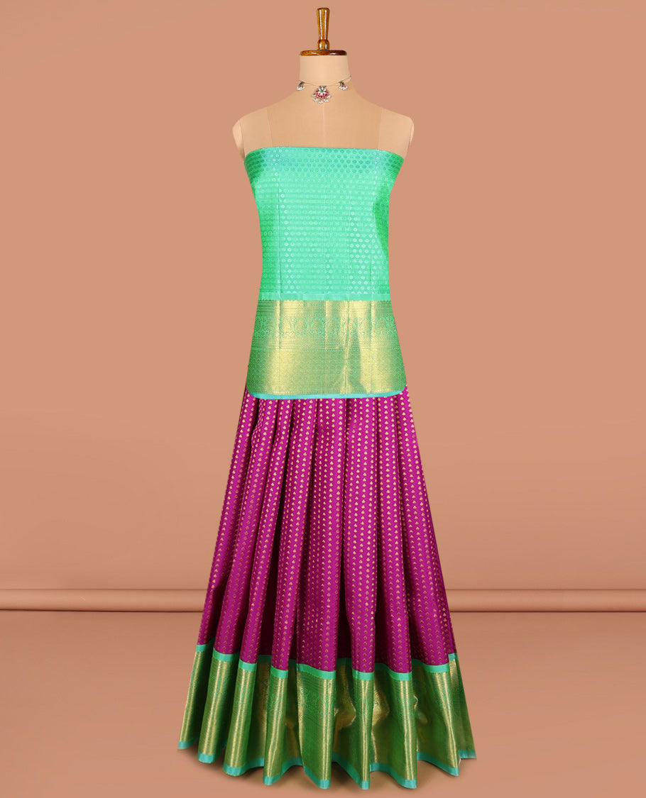 Purple pure silk half-saree, zari buttas skirt, contrast traditional zari motifs steeped border, zari bordered blouse, and contrast leaf jaal dhavani