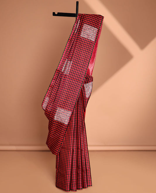 Borderless multi-color micro-checked design soft silk saree with buttas,  pallu of paisley & jaal designs