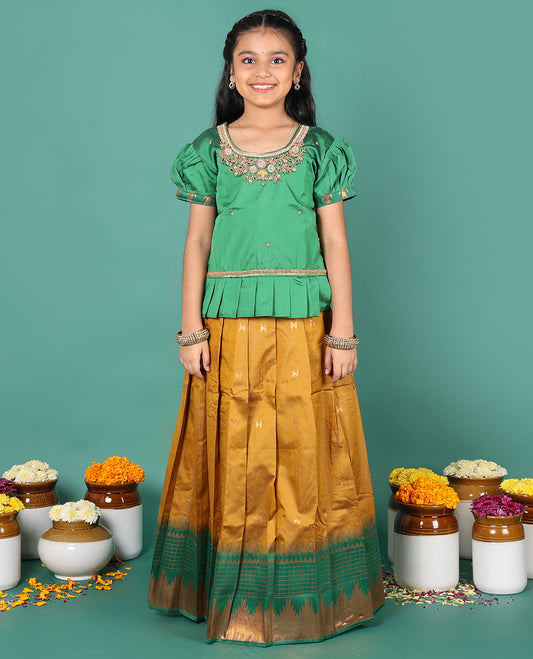 Mustard readymade art silk pavadai, zari buttas & contrast traditional zari border skirt & embroidered puff-sleeve round-neck blouse