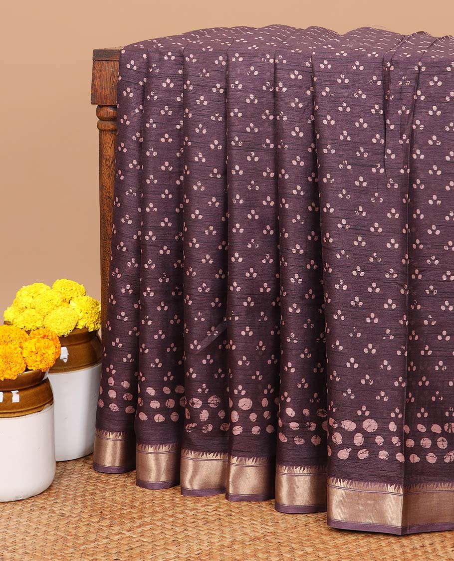 wine color all over batik printed semi-tussar saree with self zari jacquard border