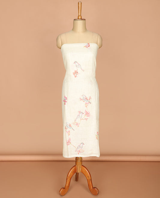 Ivory chikku color sparrow print pure linen chudidhar material top with cotton pants & pure chiffon dupatta