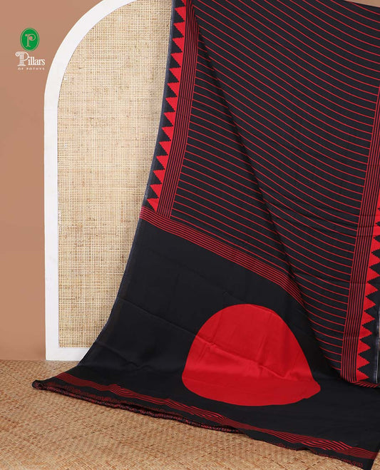Black with red vertical lining printed design semi modal crepe saree with temple border & circle butta pallu along with printed blouse