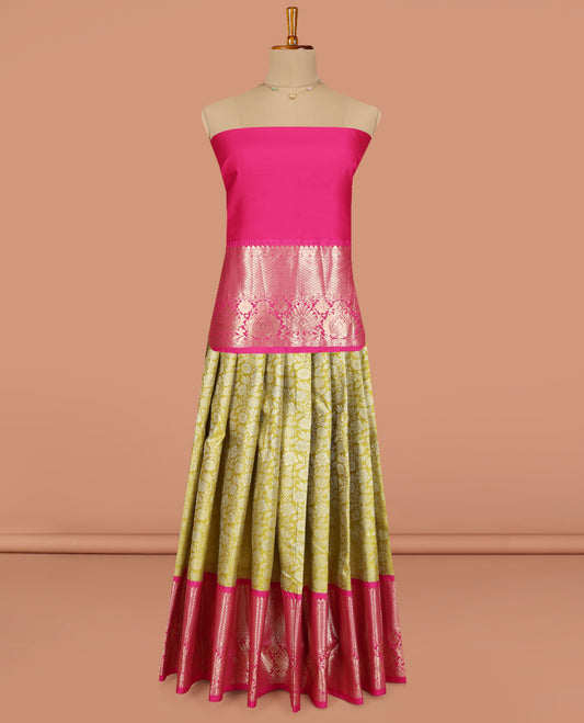 Green Art Silk Pavadai Material, Graced with Jacquard Design, Contrast Traditional Zari Design Border, and a Contrast Blouse