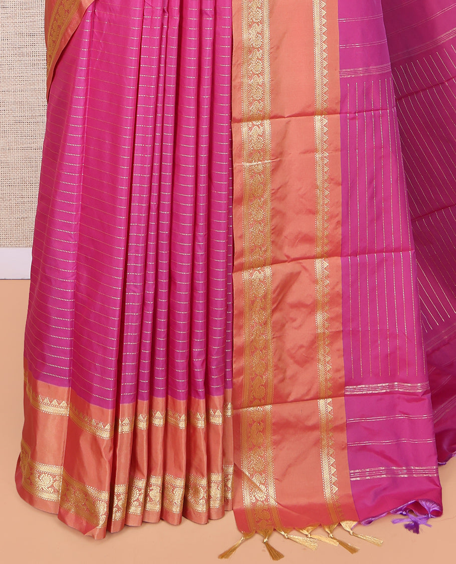 Pink Zari Striped Arani Saree, Mesmerized with Zari Stripes, a Contrast Rettai Pettu Traditional Border, Pallu of Zari Stripes, and a Matching Blouse